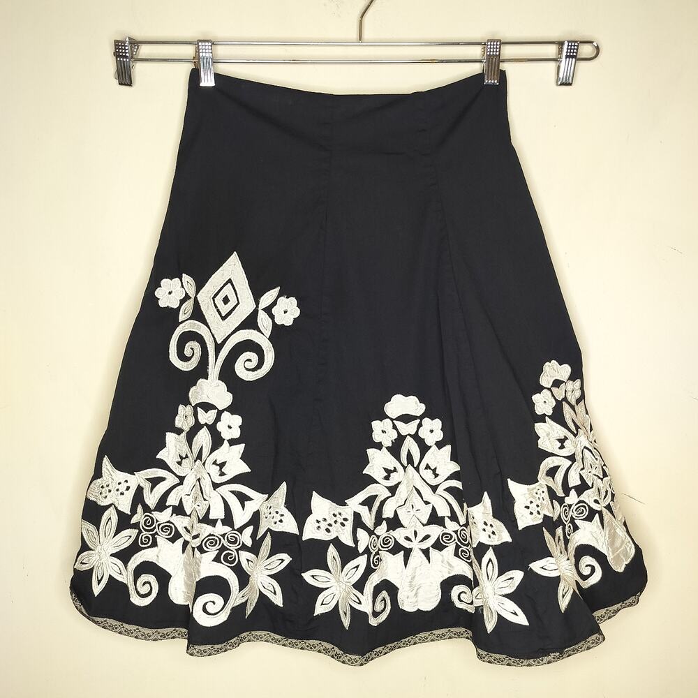 Arden B Black A-Line Skirt with White Floral Embroidery
